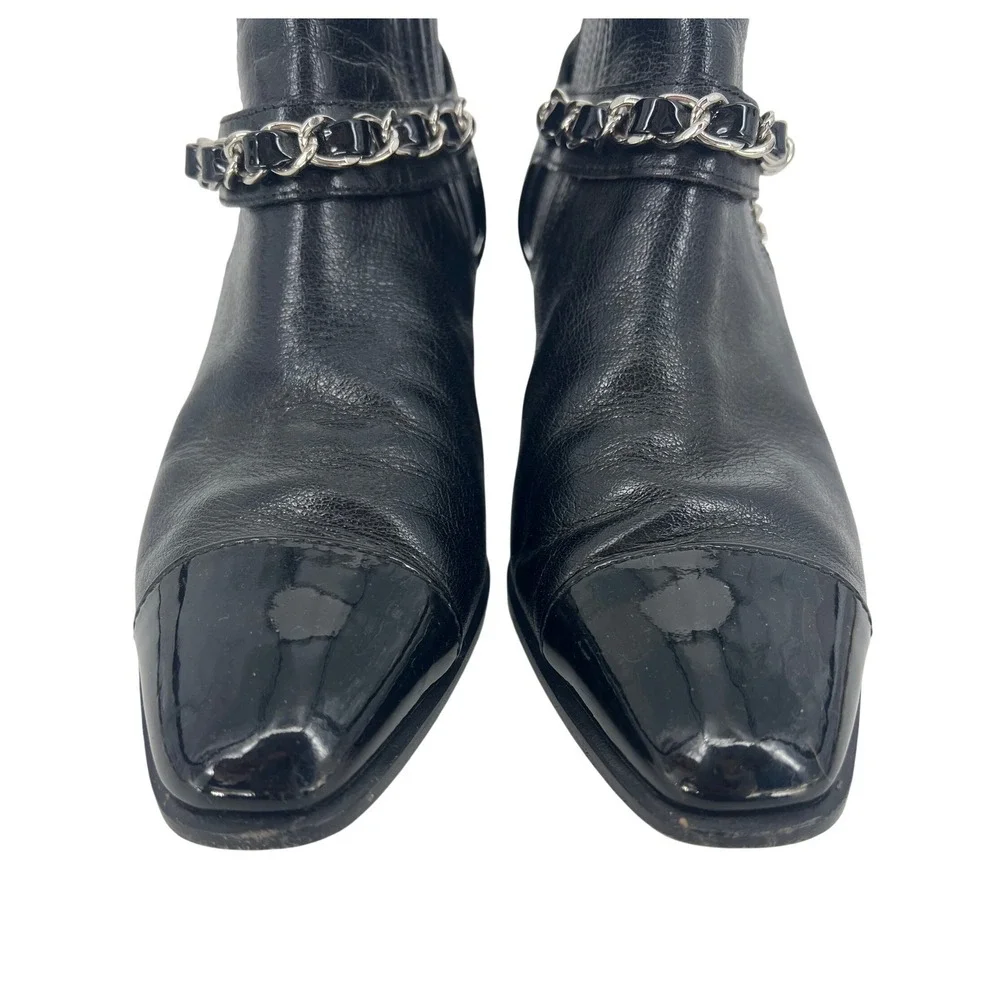 Chanel Interlocking CC Logo Patent Cap Toe Leather Chelsea Boots Black Size 38.5